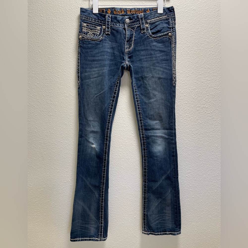 Rock Revival Ava Slim Bootcut Jeans Rhinestone Flap Pockets Distressed Womens 27
